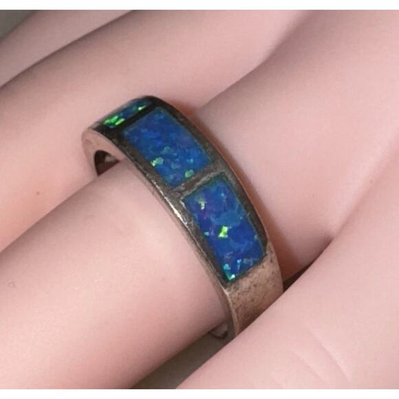 Opal Inlay Ring 925 Sterling Silver – Unisex Band Ring, Size 8 - Picture 4 of 7